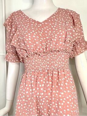 π Coquette Romantic Dusty Rose Smocked Spring Picnic Midi Dress Flutter Sleeve M